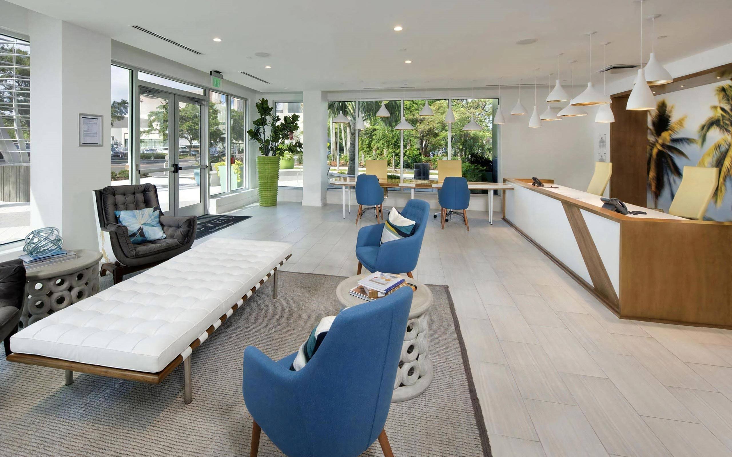 Welcoming Office with Contemporary Furniture and Large Windows Overlooking Greenery