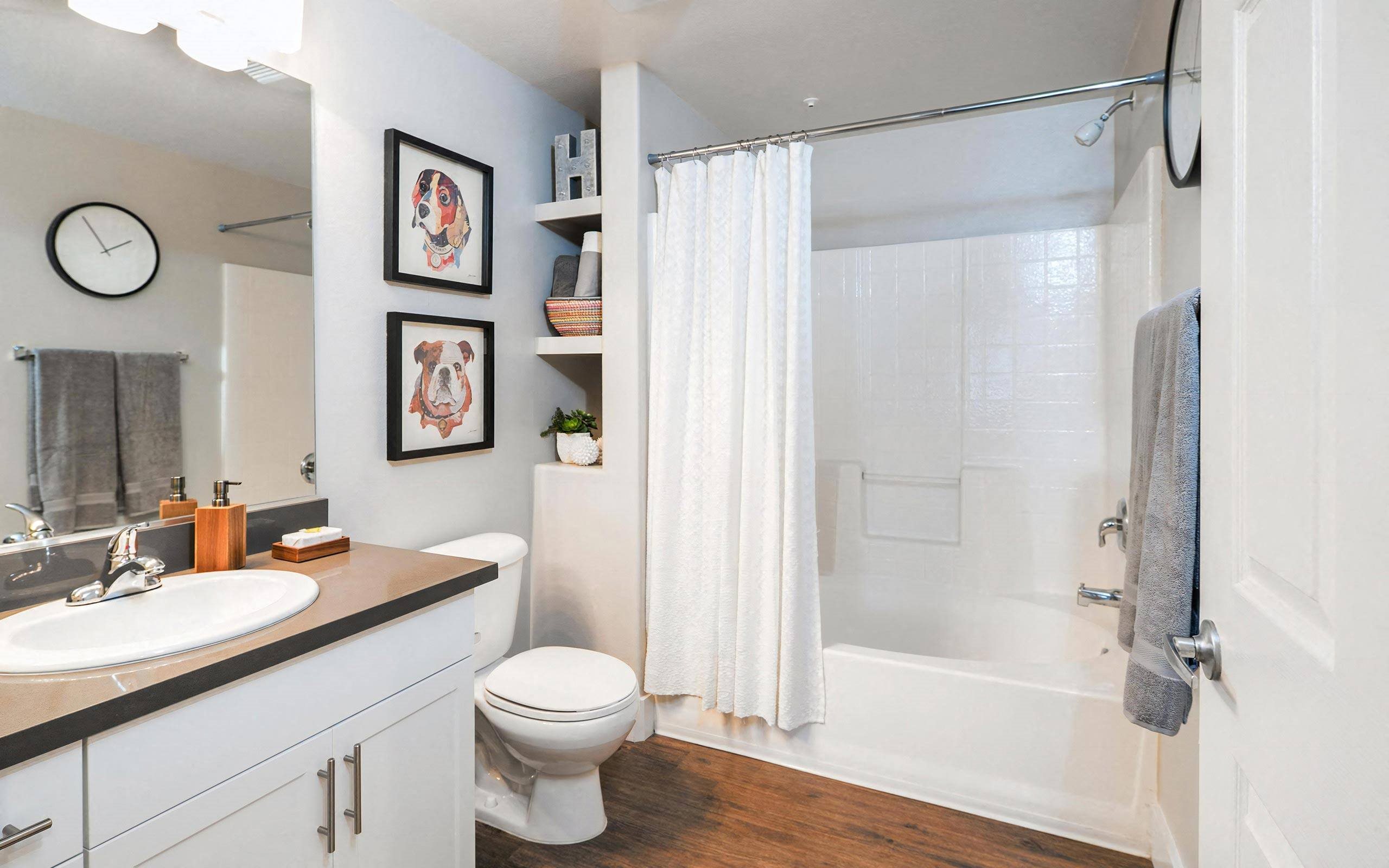 Stylish Bathroom Featuring Granite Countertops and Built-In Shelving