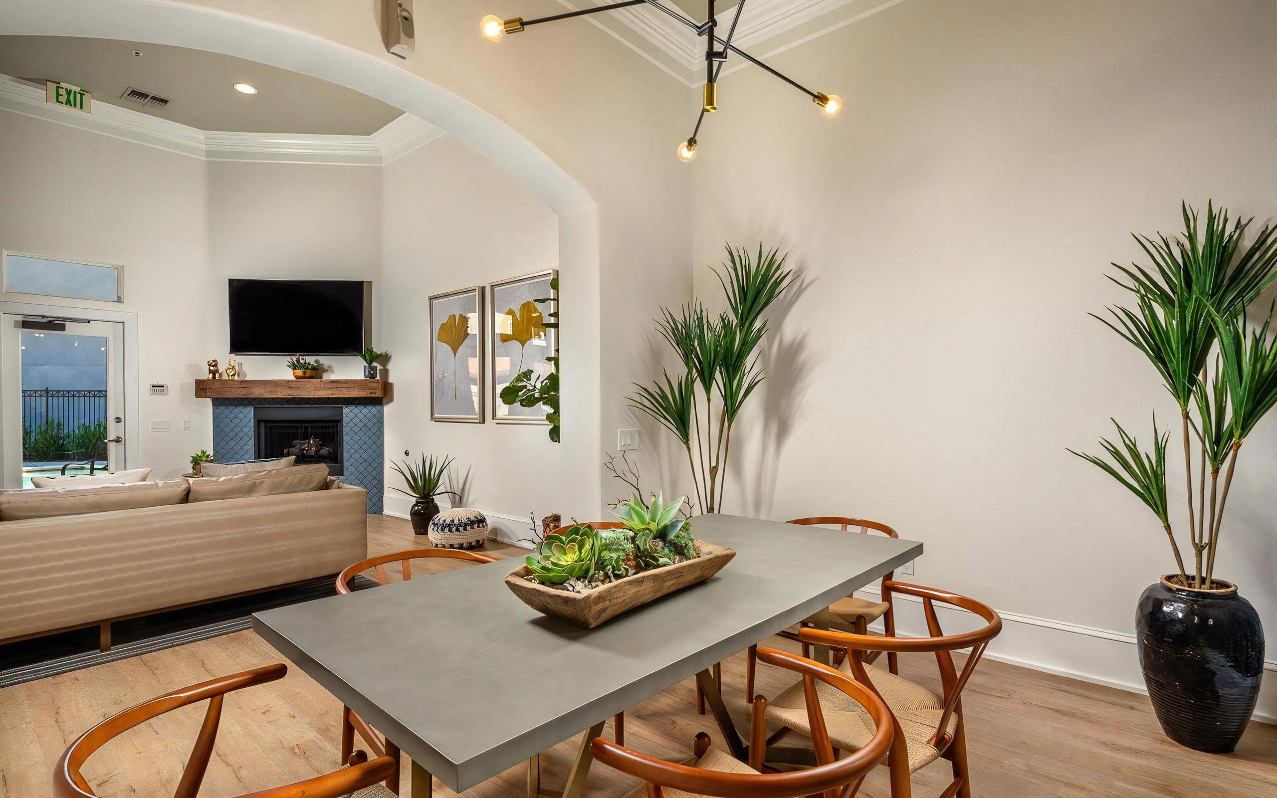 Resident Clubroom Featuring Fireplace, TV, And Community Table