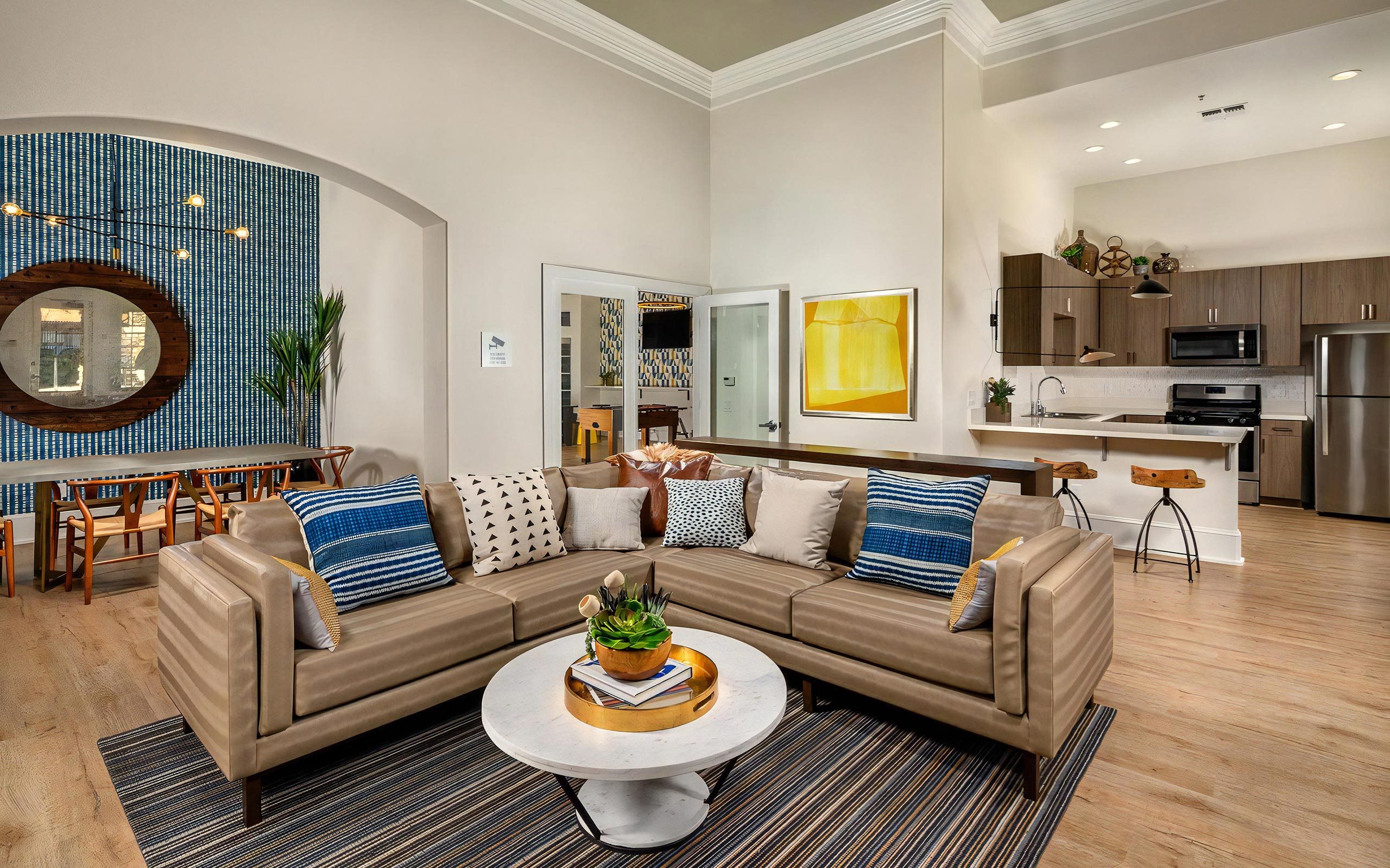 Stylish Clubhouse With Comfortable Sofa, Full Kitchen, And Dining Table
