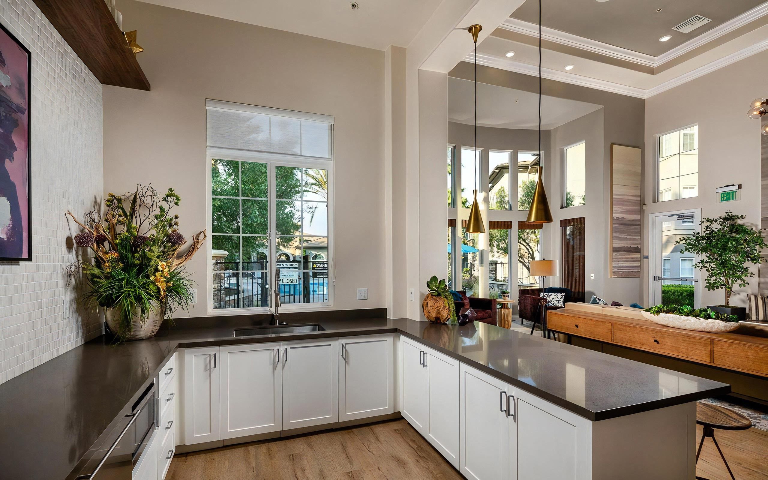 Open Kitchen Area with Sleek Counters and Modern Pendant Lighting