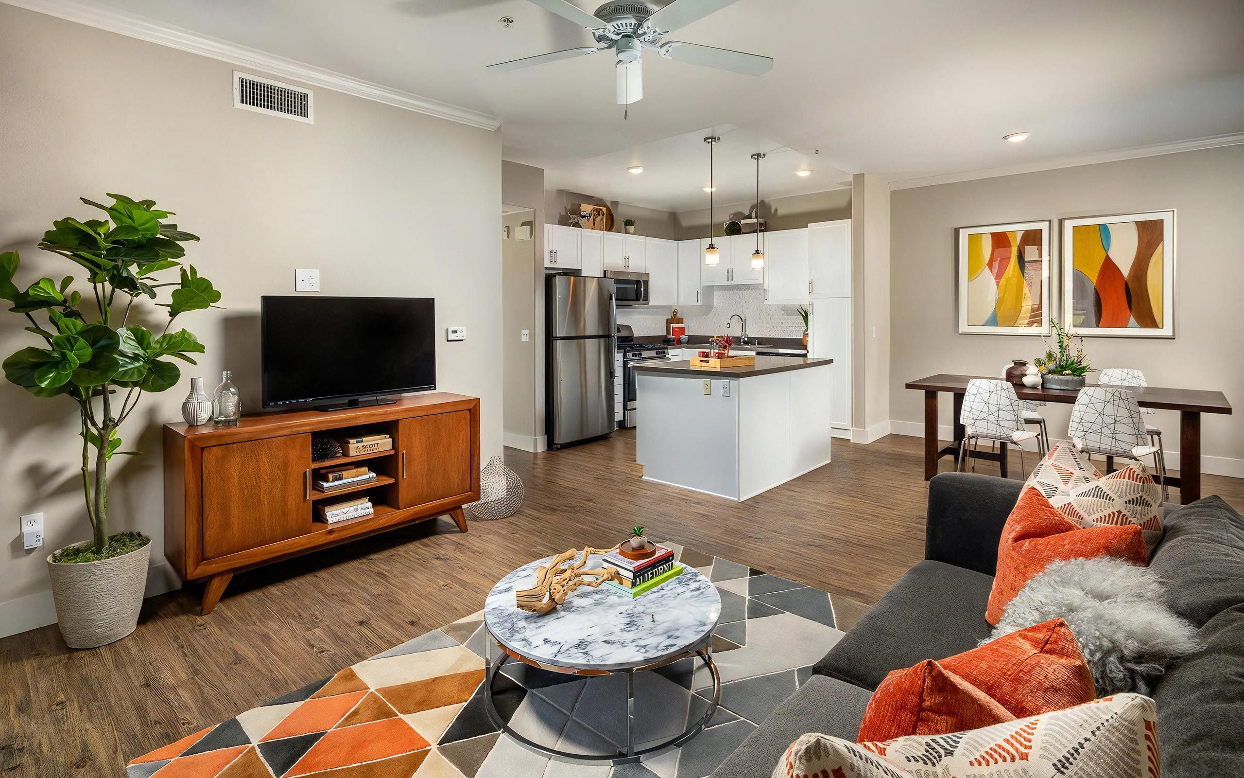Modern Apartment Interior With Wood-Style Flooring and Natural Light