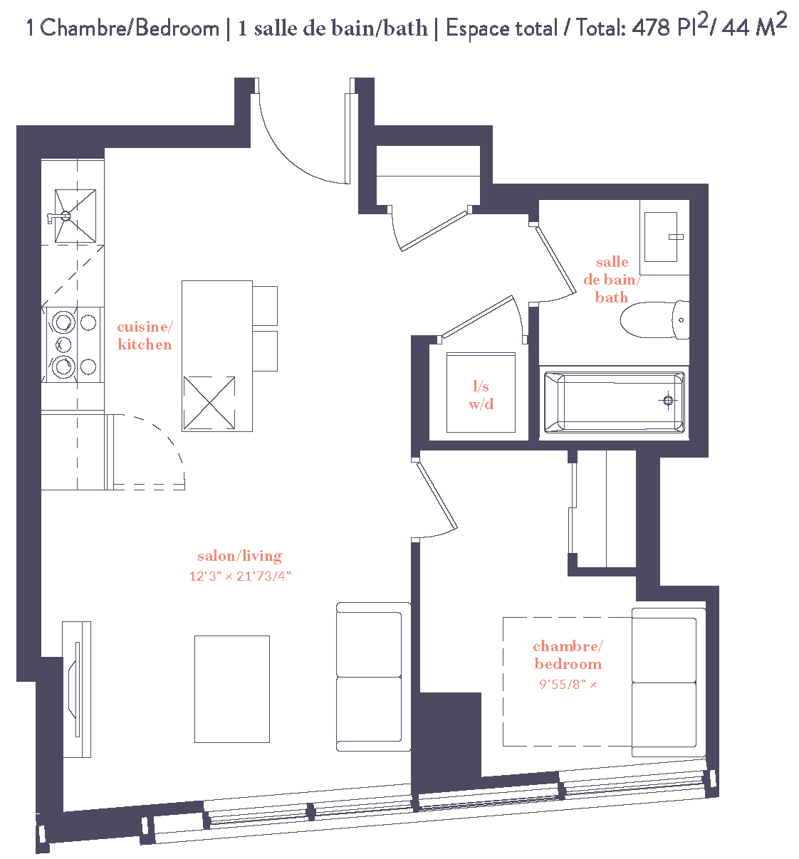 A floor plan of a one bedroom apartment with a kitchen and living room.