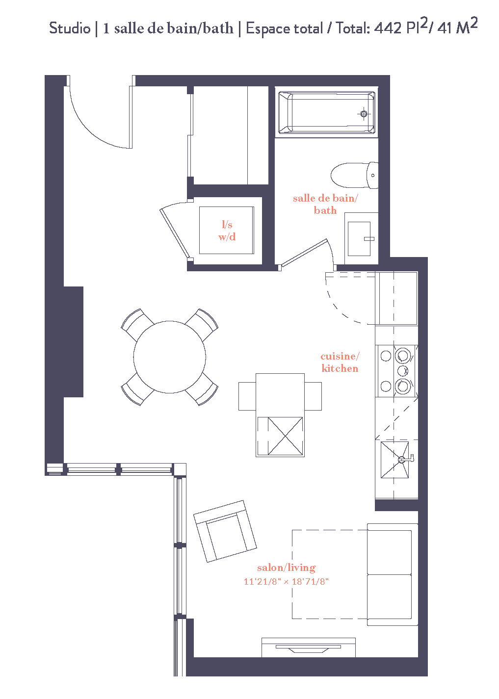 A floor plan of a studio apartment with a living room