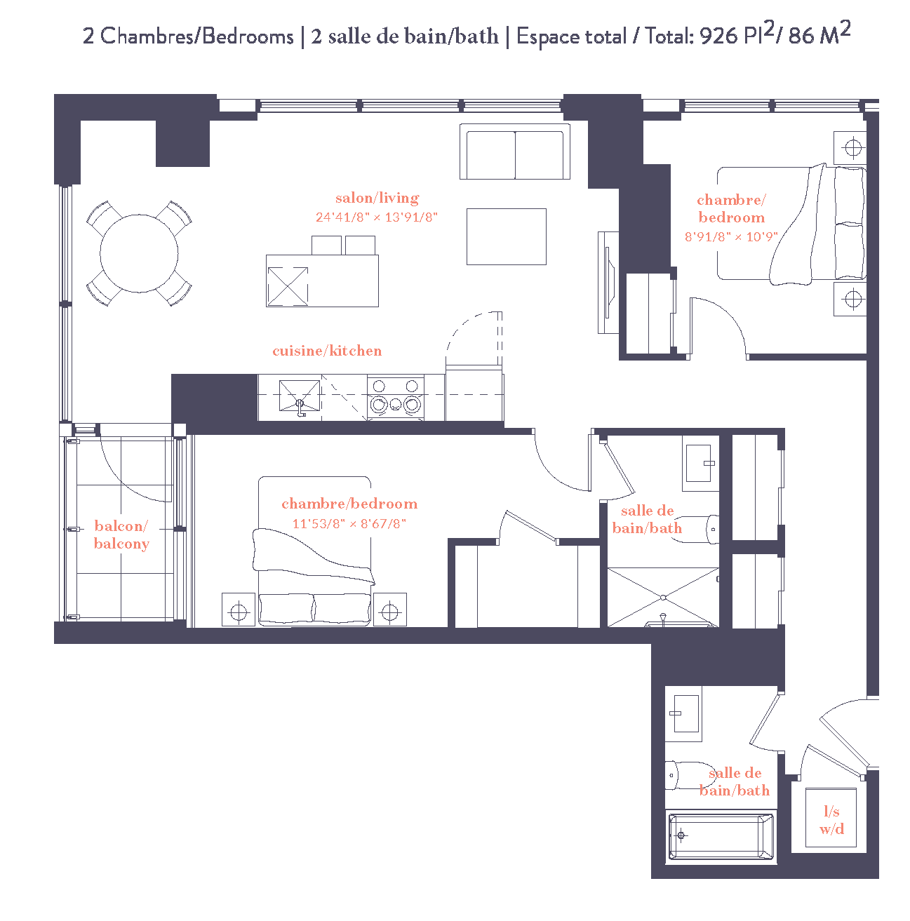 A floor plan of a two bedroom apartment with a total area of 926 square feet.