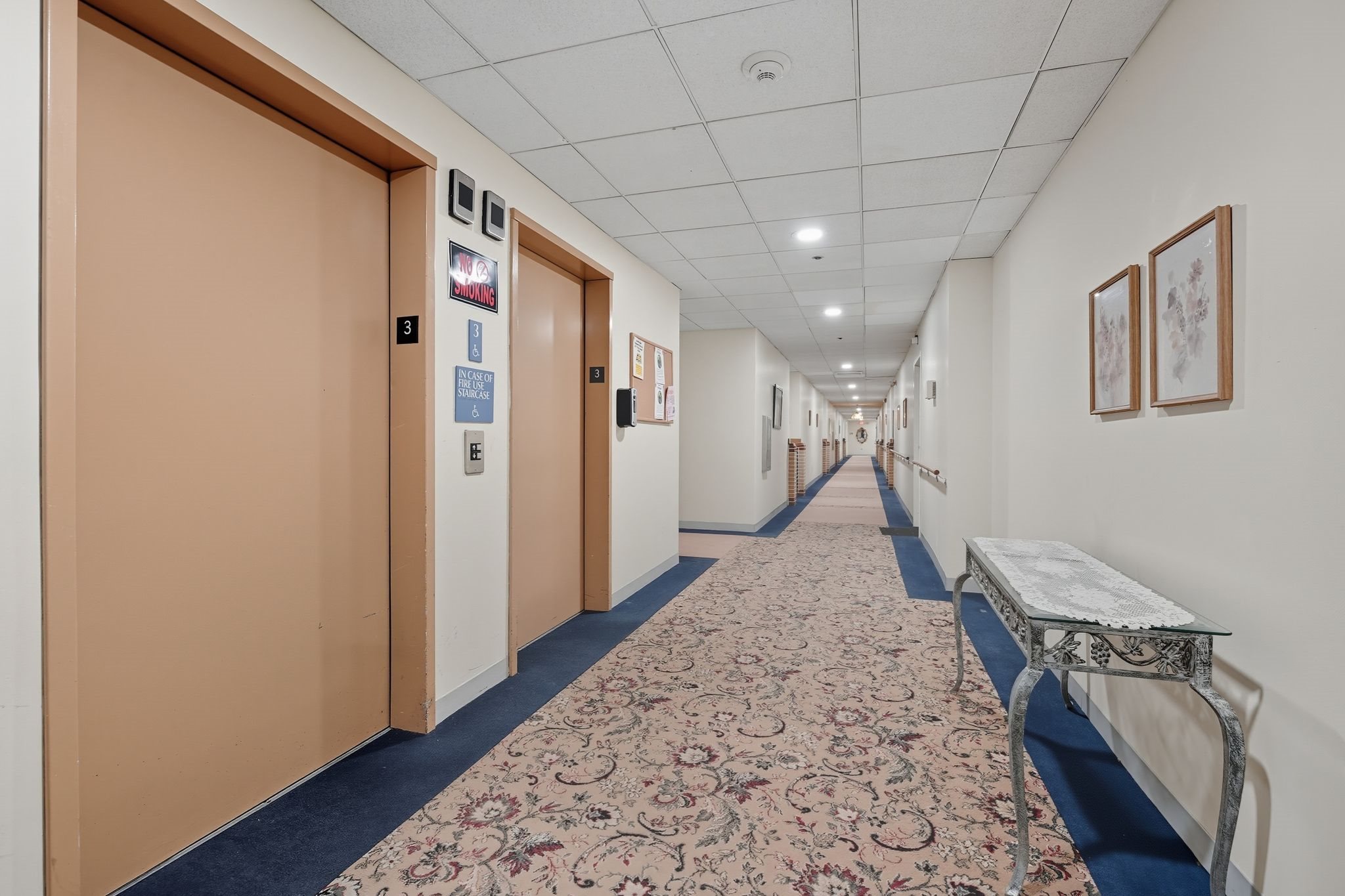 A hallway with a blue carpet and a white wall with pictures.
