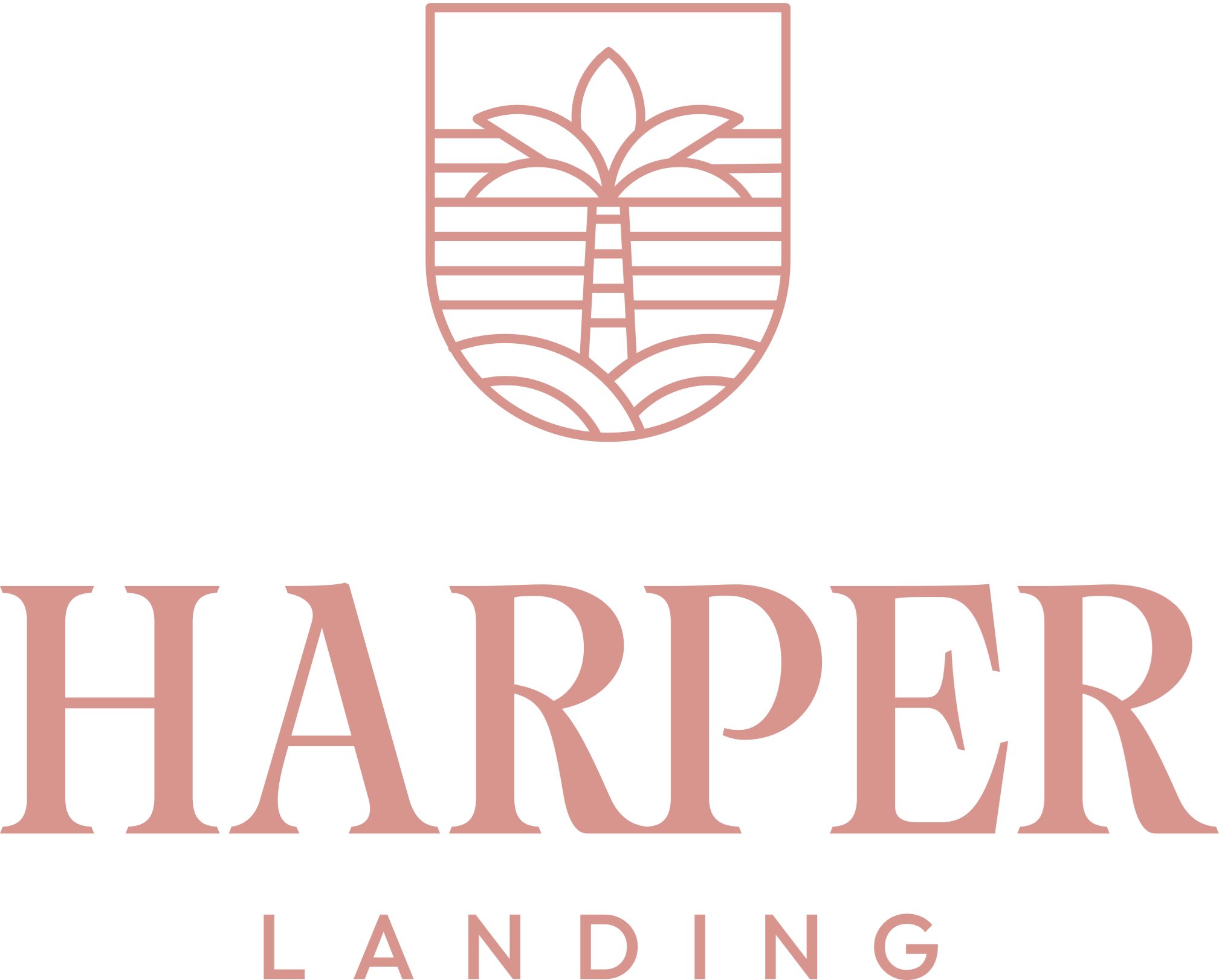 A logo with a palm tree and the words "Harper Landing" in a serif font.