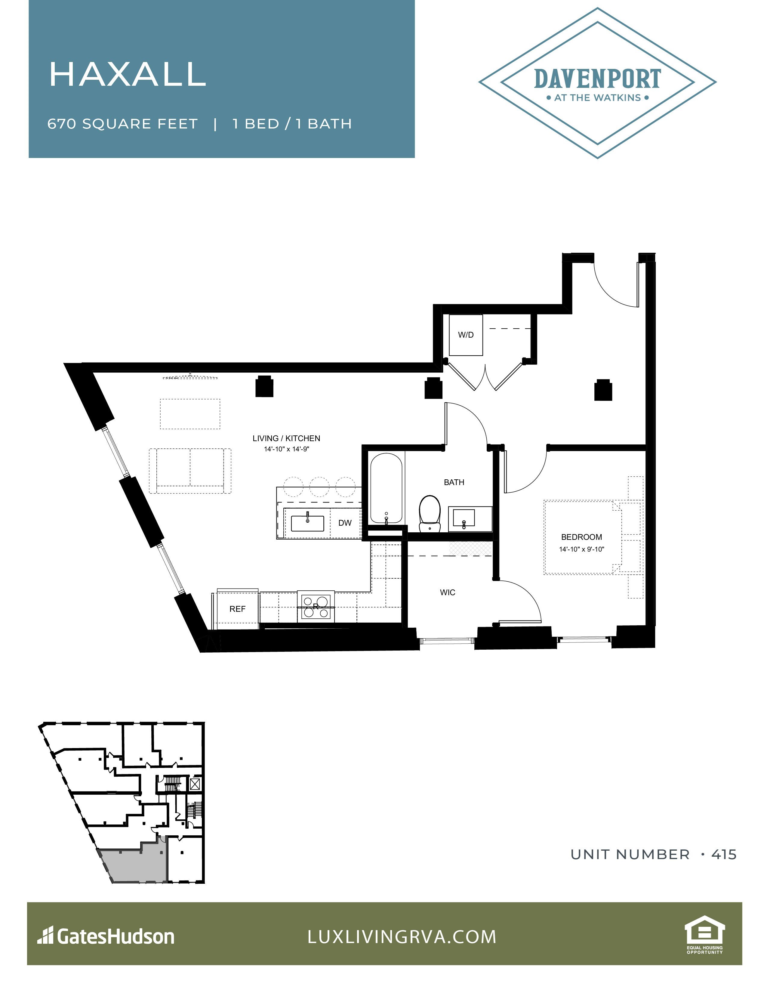 A floor plan for a one bedroom apartment at Davenport at the Waterside.