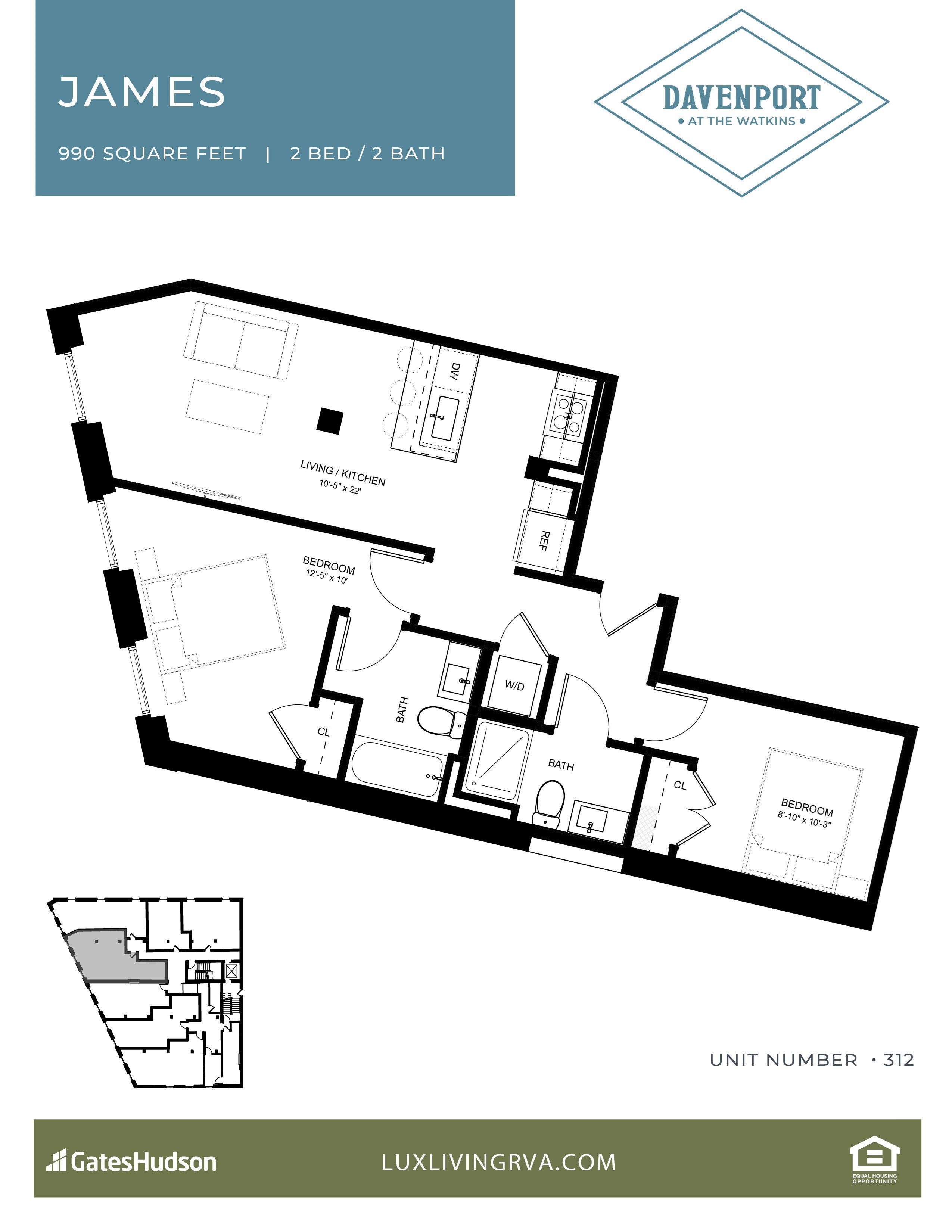 A floor plan for an apartment named James at Davenport at the Watkins is shown.
