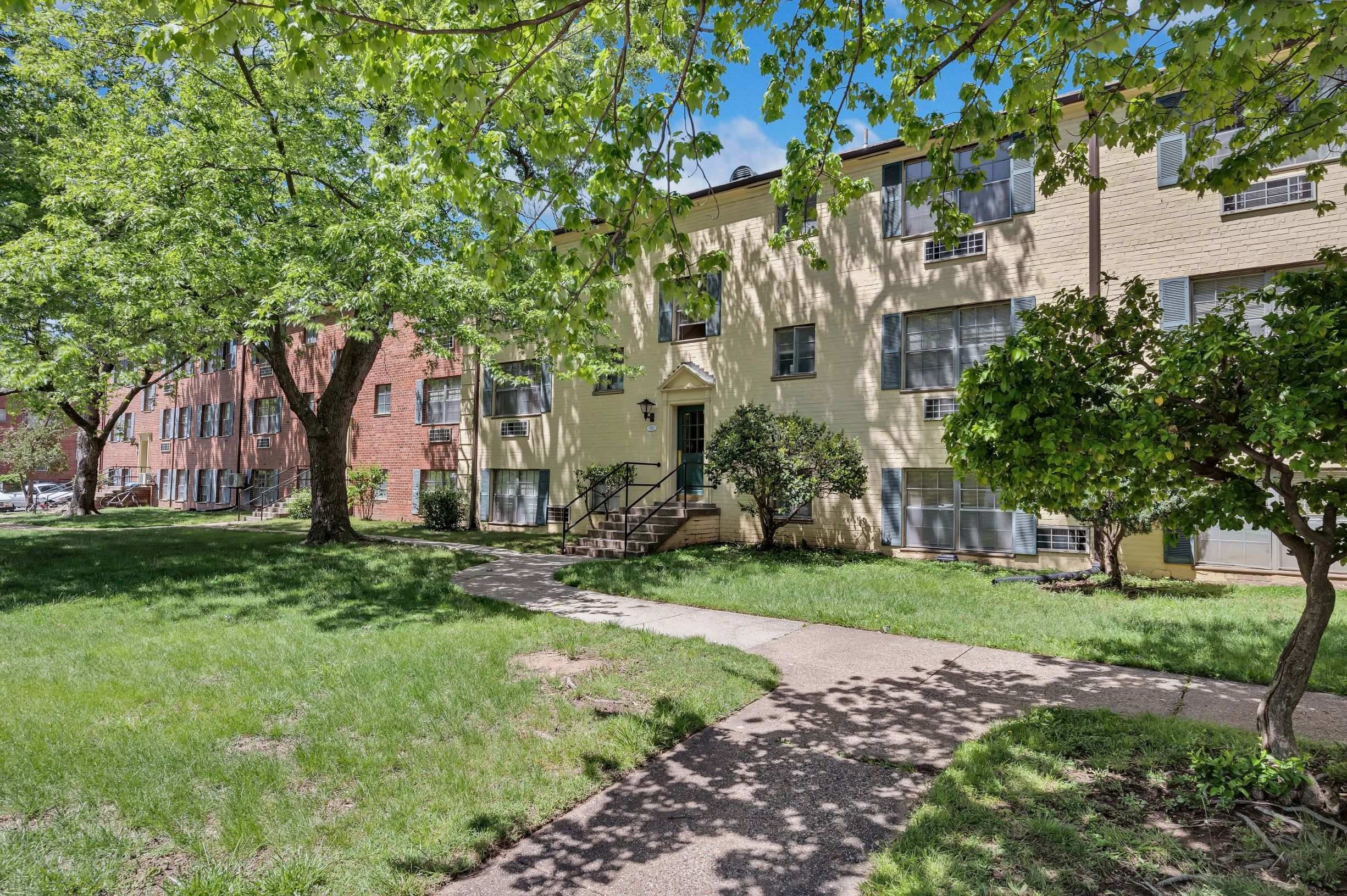 A tree-lined walkway leads to a building.