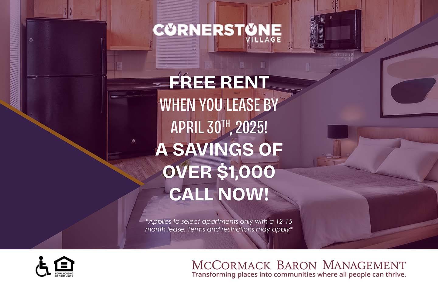 Free Rent when you lease by 4/30/2025! A Savings of over $1,000!! CALL NOW!  *Applies to select apartments only with a 12-15 month lease. Terms and restrictions may apply*