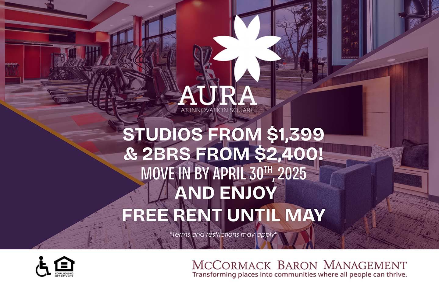 April Special: Studios from $1,399 & 2BRs from $2,400! Move in by 4/30 and enjoy free rent until May  *Terms & Restrictions may apply."
