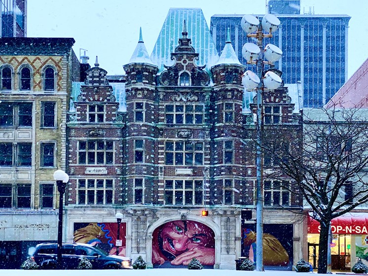 Street view of apartment building in snow - The Arts Lofts at Dayton Arcade, Dayton, OH - Kevin Lush Photography