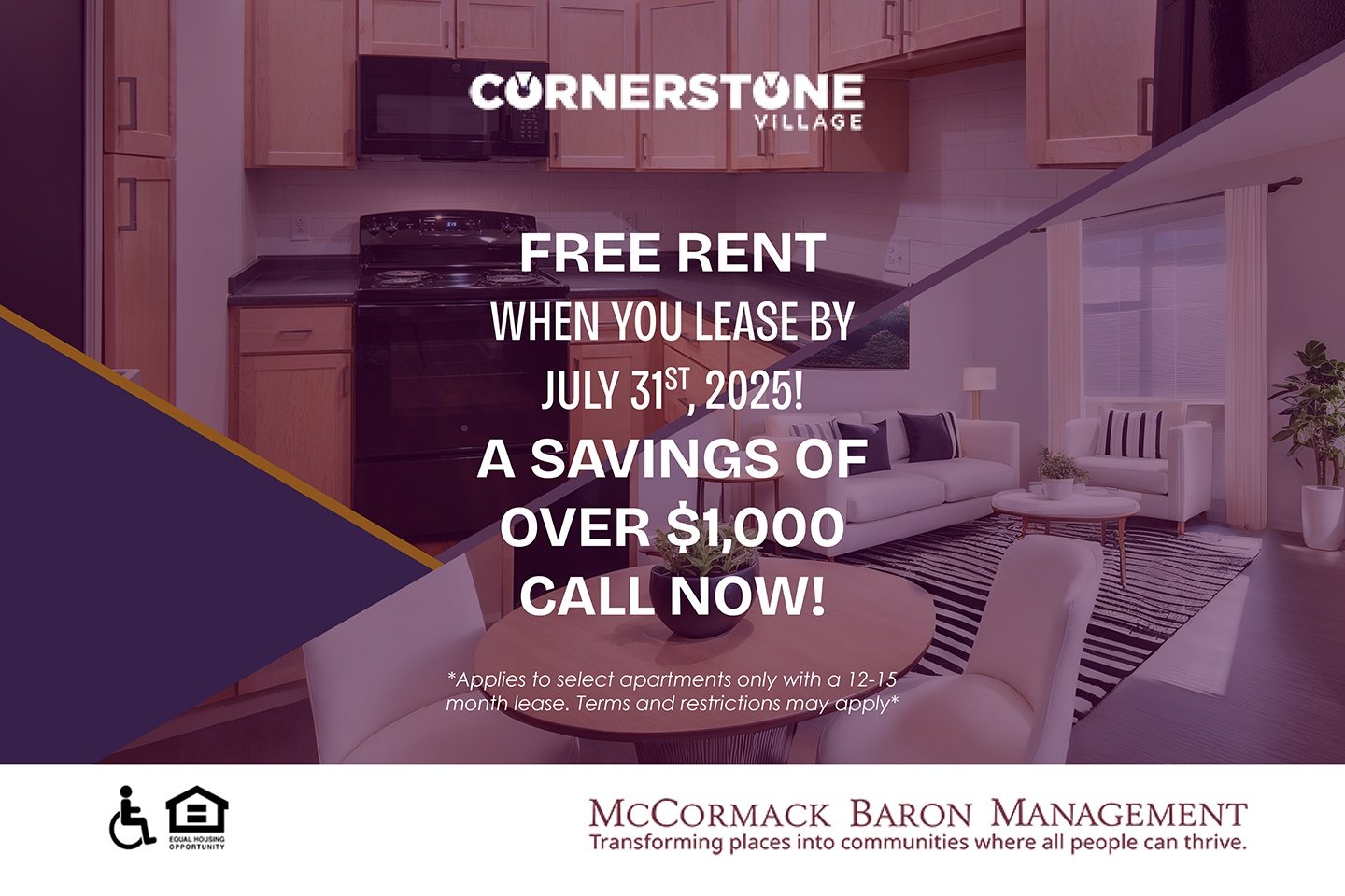Free Rent when you lease by 7/31/2025! A Savings of over $1,000!! CALL NOW!  *Applies to select apartments only with a 12-15 month lease. Terms and restrictions may apply*