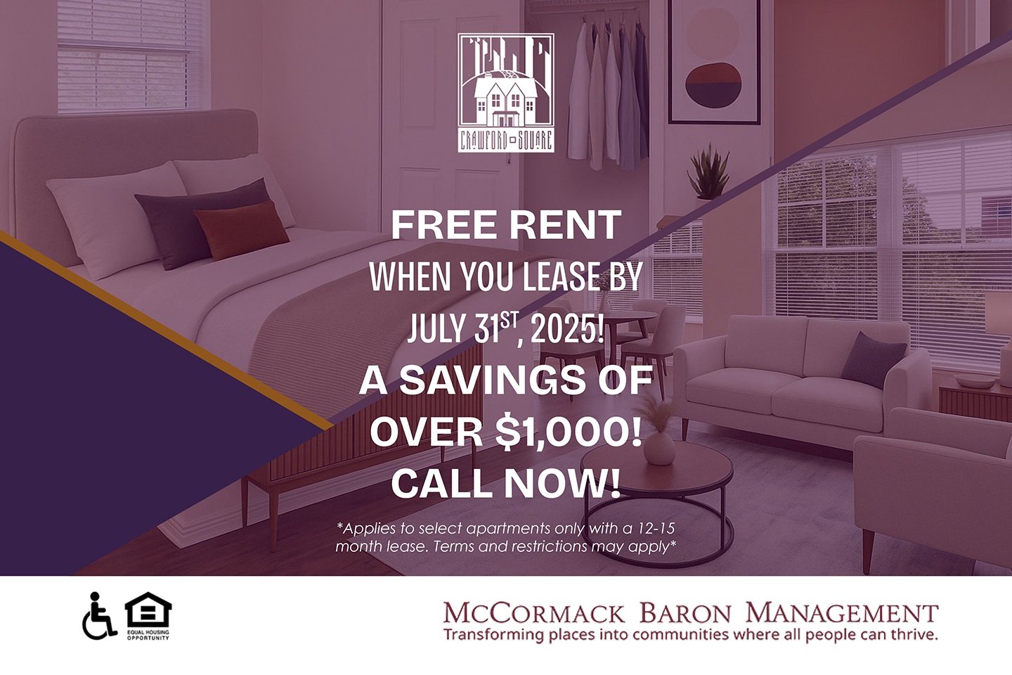 Free Rent when you lease by 7/31/2025! A Savings of over $1,000!! CALL NOW!  *Applies to select apartments only with a 12-15 month lease. Terms and restrictions may apply*