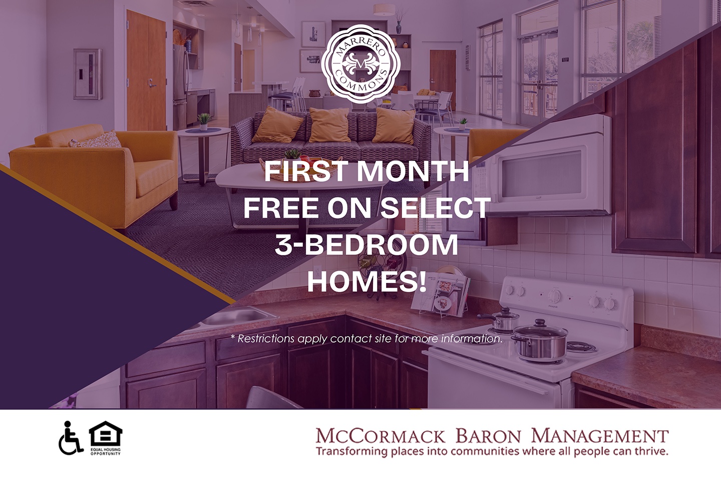 First month free on select 3-bedroom homes!  * Restrictions apply contact site for more information.