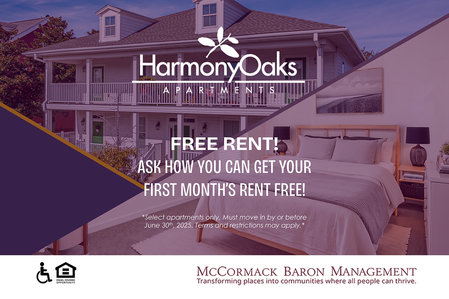 FREE RENT! Ask How You can get your First Month's Rent Free!!!  *Select apartments only. Must move in by or before June 30, 2025. Terms and restrictions may apply.*