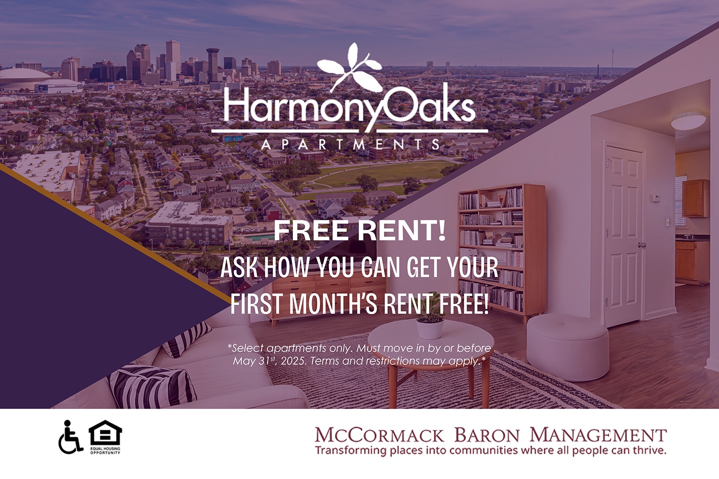 FREE RENT! Ask How You can get your First Month's Rent Free!!! *Select apartments only. Must move in by or before May 31st, 2025. Terms and restrictions may apply.*