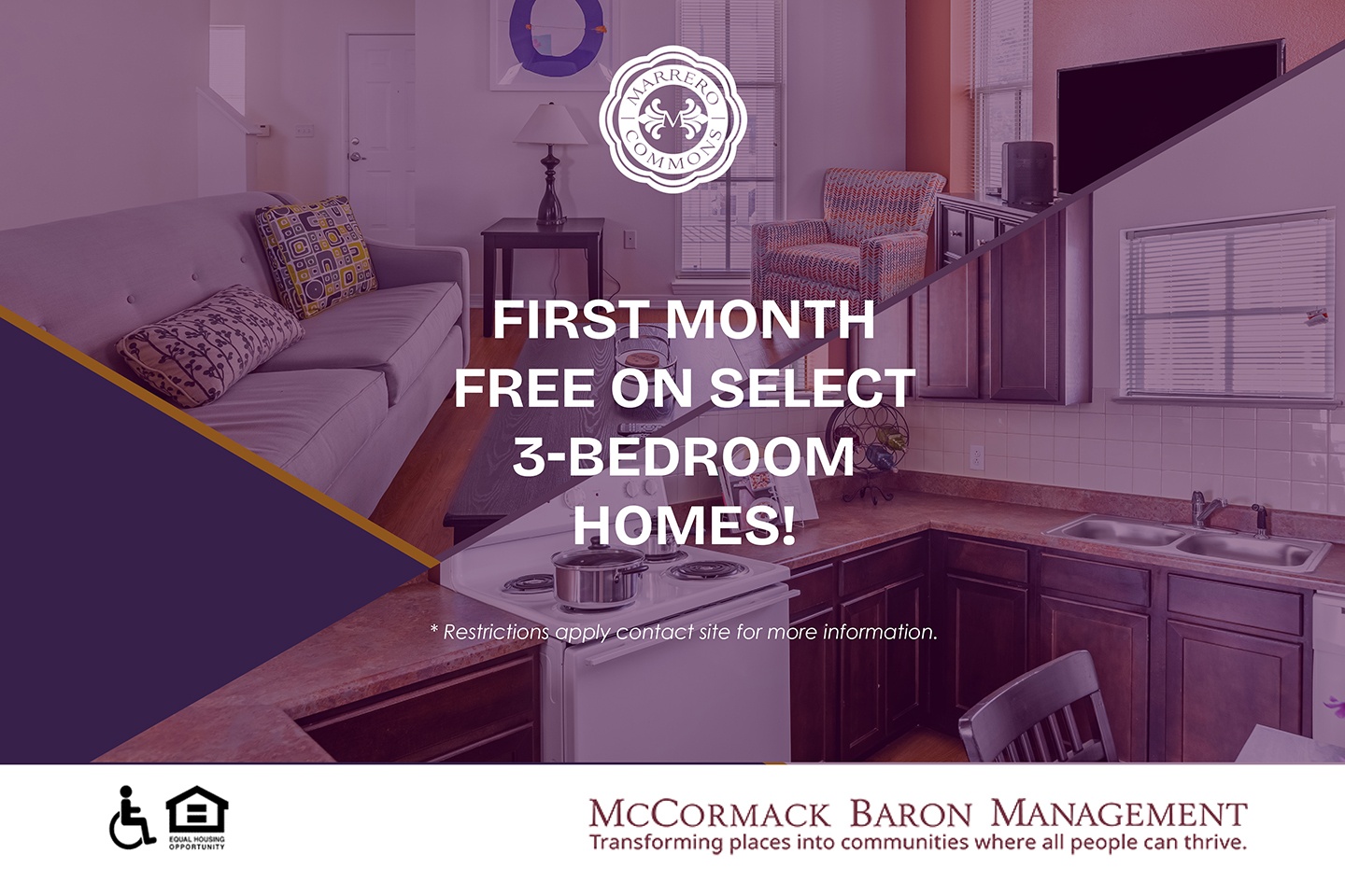 First month free on select 3-bedroom homes!  * Restrictions apply contact site for more information.