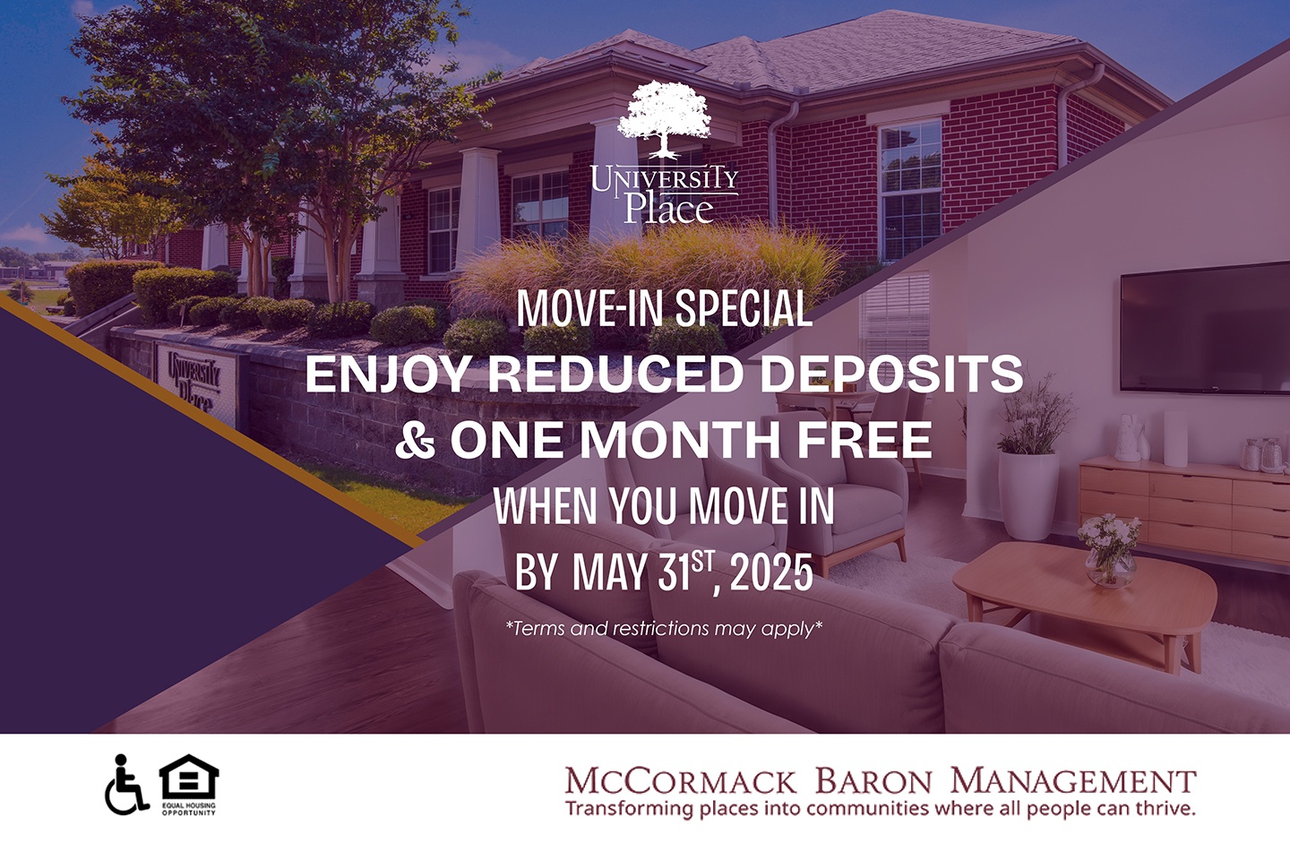 MOVE-IN SPECIAL: Enjoy reduced deposits & one month free when you move in by May 31st, 2025 *Terms and restrictions may apply*