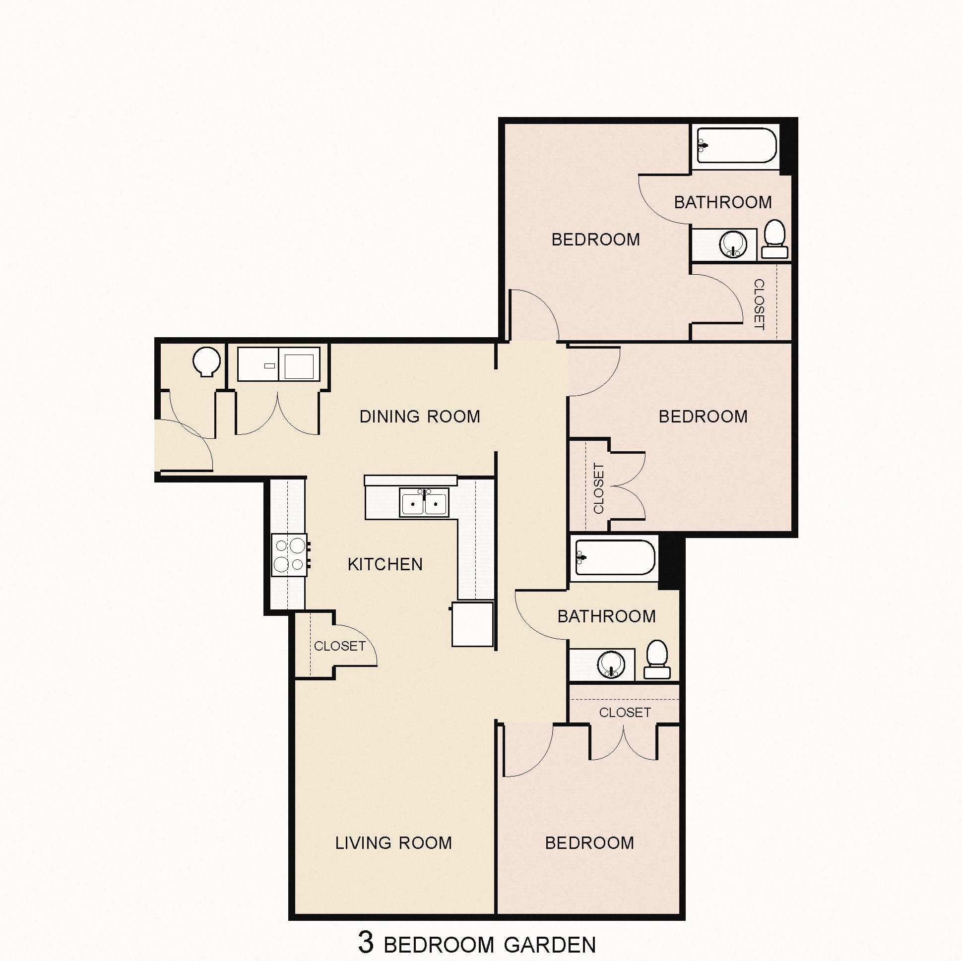 3 Bedroom 2 Bathroom Apartment 2D Floorplan 3 Bedroom 2 Bathroom Apartment 2D Floorplan-Villas on the Strand, Galveston, TX 77550
