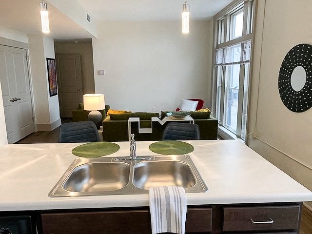 Apartment kitchen sink and countertop and living room furnished-The Arts Lofts at Dayton Arcade, Dayton, OH