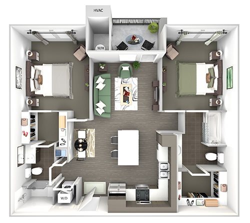 3d drawing of a 3 bedroom floor plan of a 259 sq ft apartment