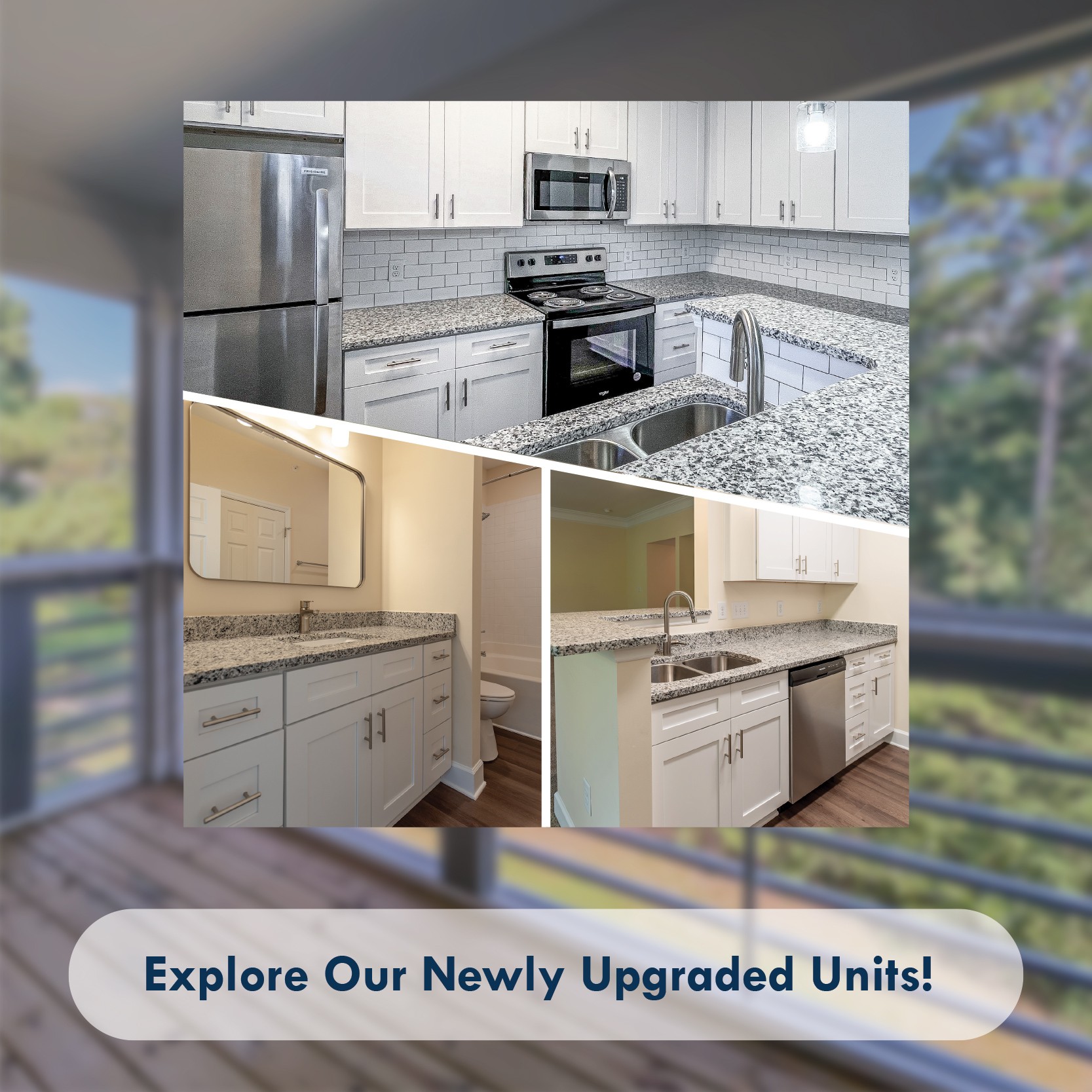 A KITCHEN WITH GRANITE COUNTERTOPS, SUBWAY TILE BACKSPLASH AND WOOD PLANK STYLE FLOORS SHOWCASING NEWLY RENOVATED UNITS THAT ARE AVILABLE AT BEXLEY LAKE NORMAN APARTMENTS