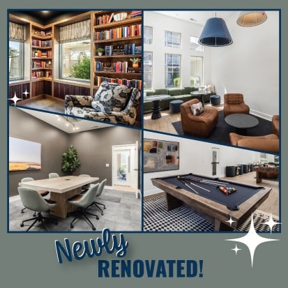SEVERAL IMAGES OF A NEWLY RENOVATED RESIDENT ACTIVITY CENTER DISPLAYING THE NEW FINISHES AND AMENITIES NOW AVAILABLE TO RESIDENTS