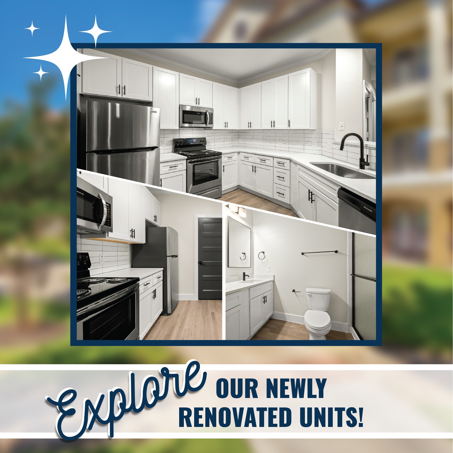 COLLAGE OF IMAGES INCLUDING A NEWLY RENOVATED KITCHEN WITH GRANITE AND WHITE CABINETRY, BATHROOMS WITH GRANITE CABINETRY AND BLACK HARDWARE