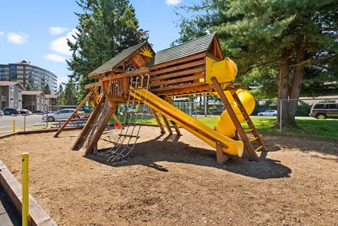a playground at a park with a yellow swing set