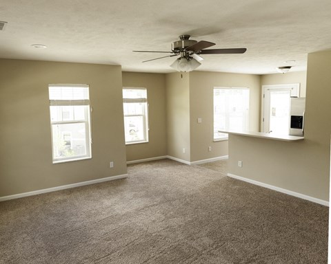 Carpeted Living Room with Ceiling Fan and view of four windows