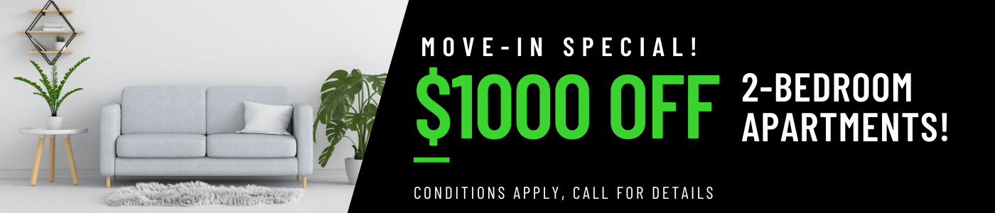 Get $1,000 OFF on our 2-bedroom apartments for a limited time! Conditions apply, call for details.