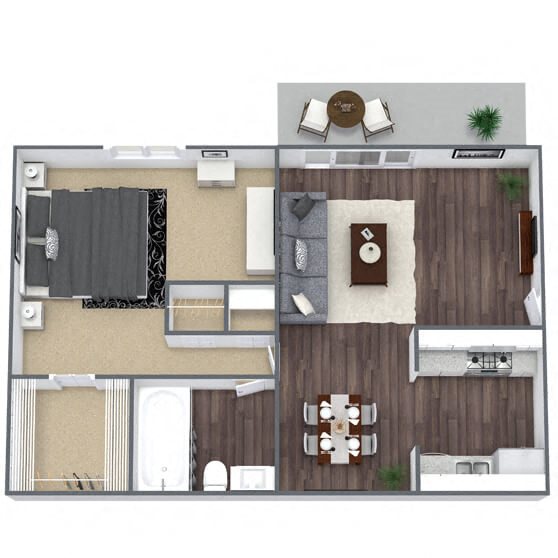 A2: 1 Bed 1 Bath floor plan