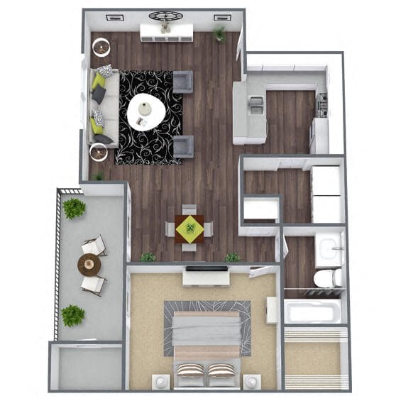 A2: 1 Bed 1 Bath floor plan