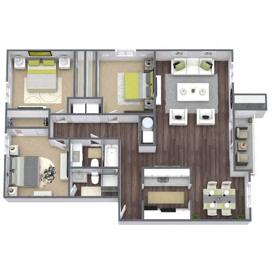 C1: 3 Bed 2 Bath floor plan