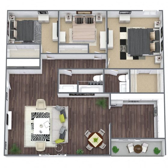 C1: 3 Bed 1 Bath floor plan