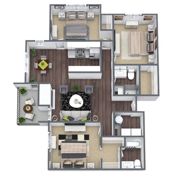 C1: 3 Bed 2 Bath floor plan