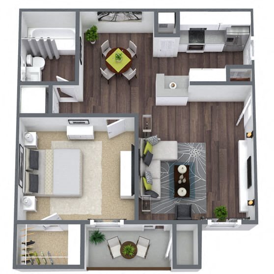 A2: 1 Bed 1 Bath floor plan
