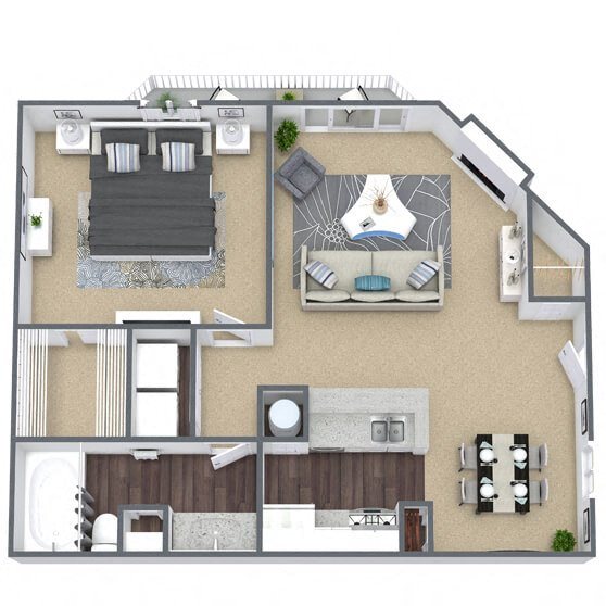 A2: 1 Bed 1 Bath floor plan