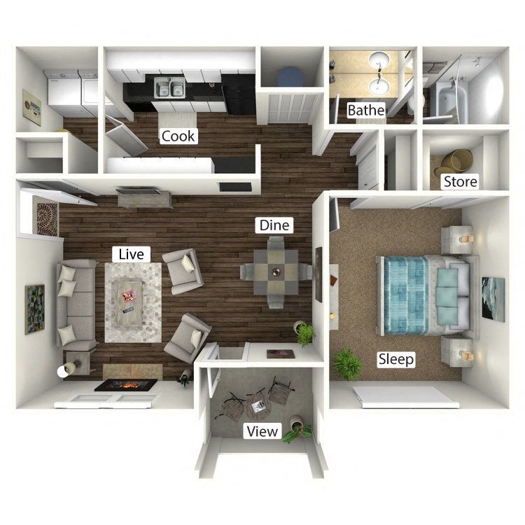 A1: 1 Bed 1 Bath floor plan
