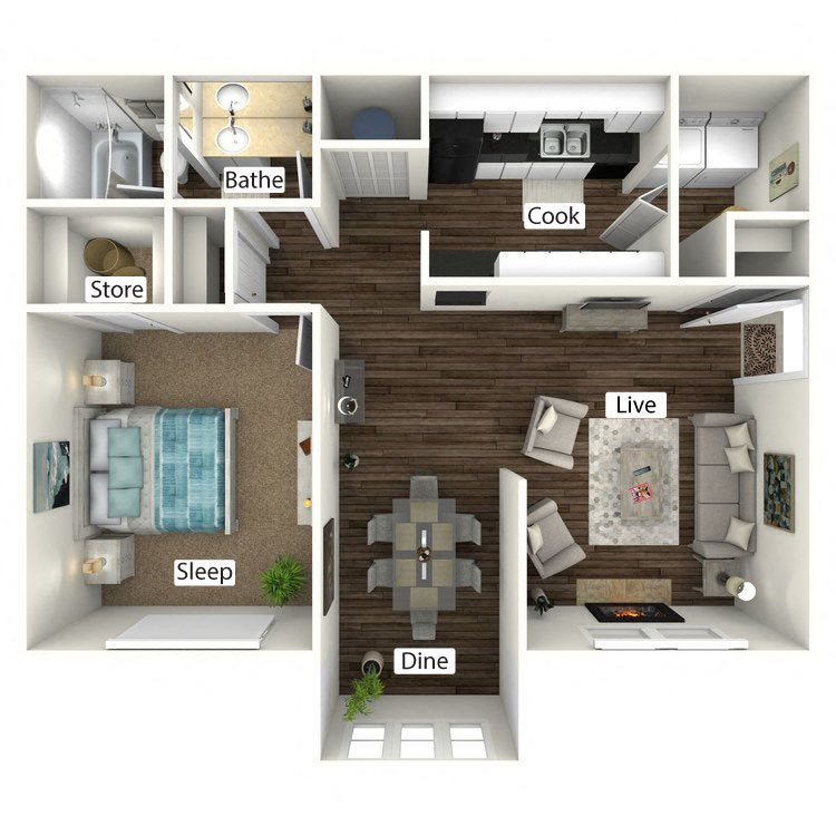 A2: 1 Bed 1 Bath floor plan
