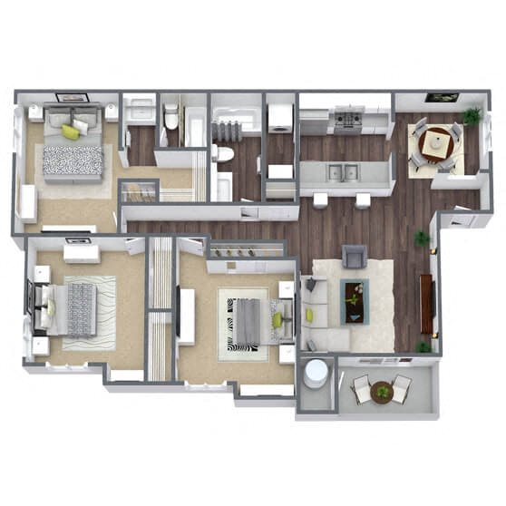C1: 3 Bed 2 Bath floor plan