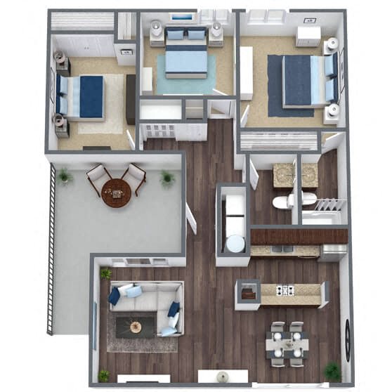C1: 3 Bed 2 Bath floor plan