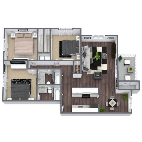 C1: 3 Bed 2 Bath floor plan