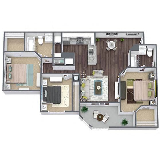 C1: 3 Bed 2 Bath floor plan