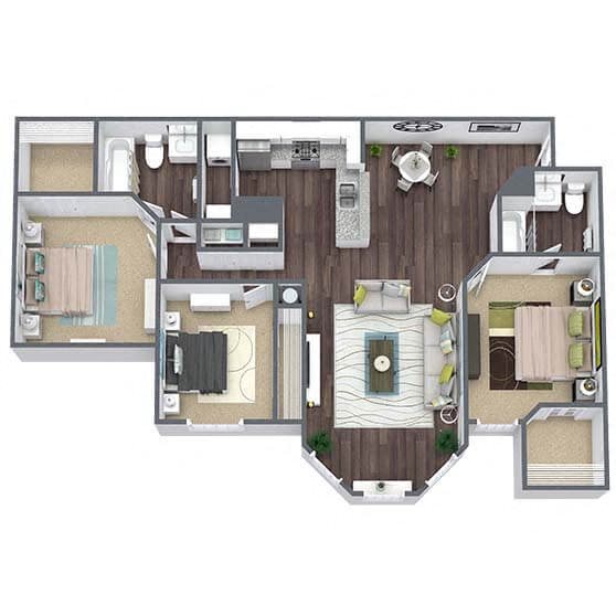 C2: 3 Bed 2 Bath floor plan