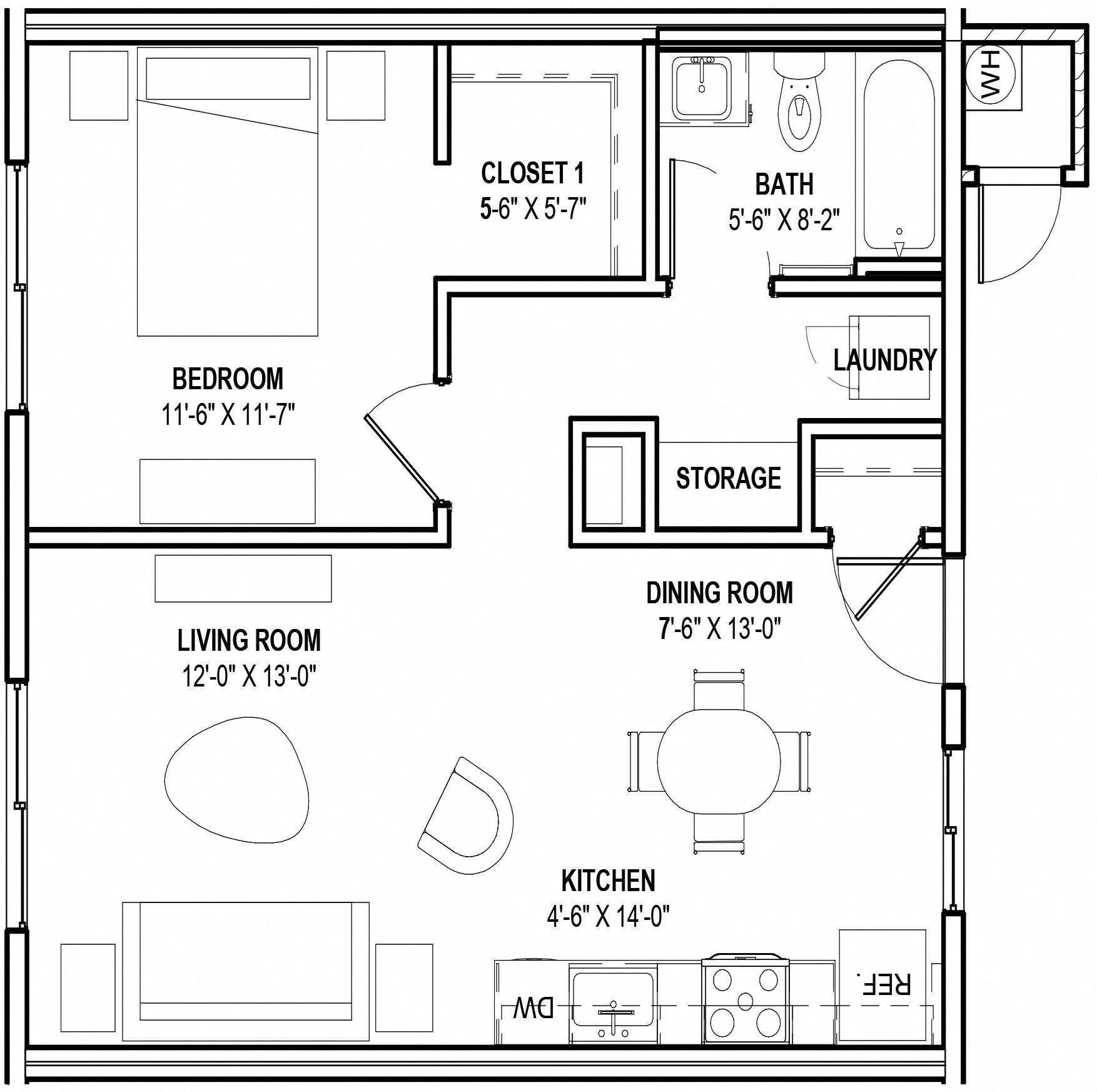 A1: 1 Bed 1 Bath floor plan