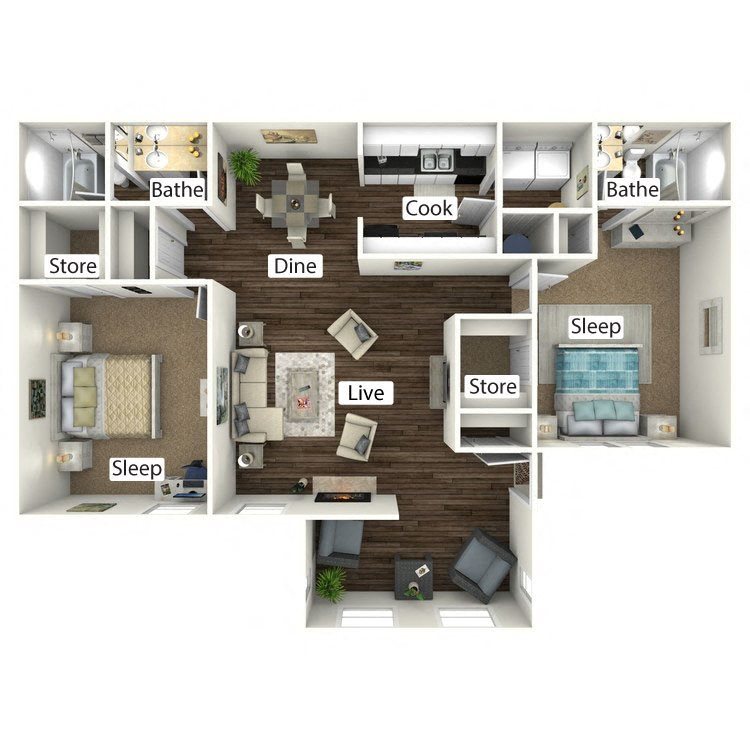 B2: 2 Bed 2 Bath floor plan