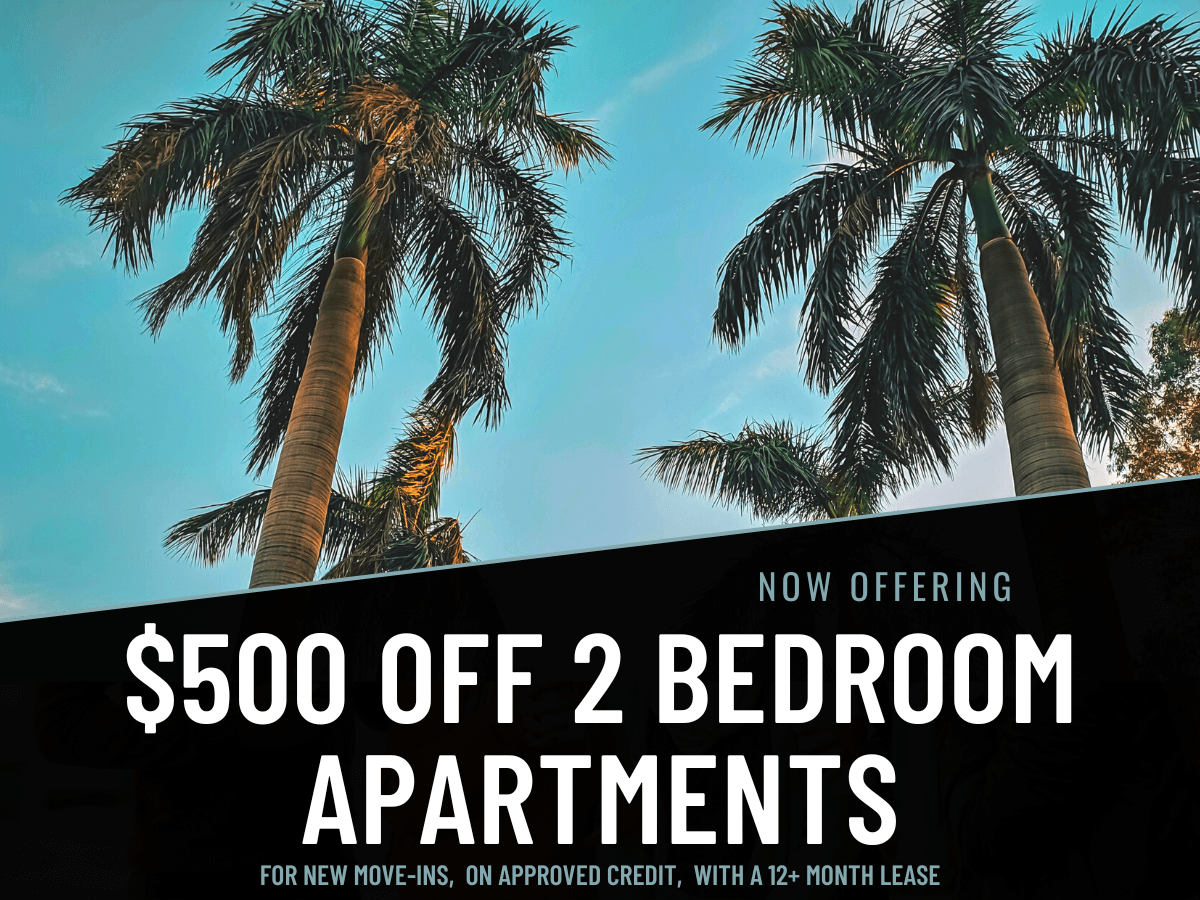 $500 off 2 bedroom apartments. New move ins only.